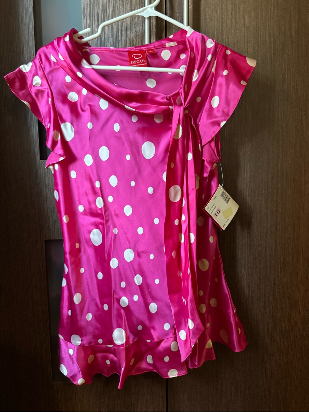 Oscar de la Renta Hot Pink Polka Dot Satin Tie-Neck Blouse